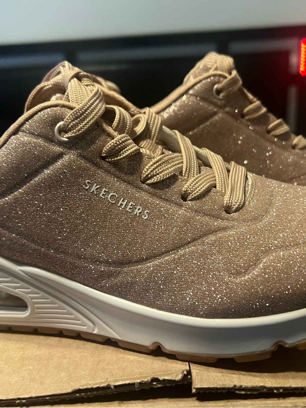 Skechers Glitter Lace-Up Sneakers in Champagne Taupe